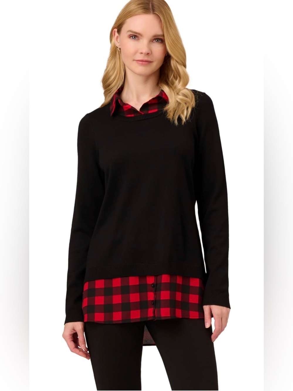 Adrianna Papell Women's Printed V-Neck Twofer Sweater Plaid